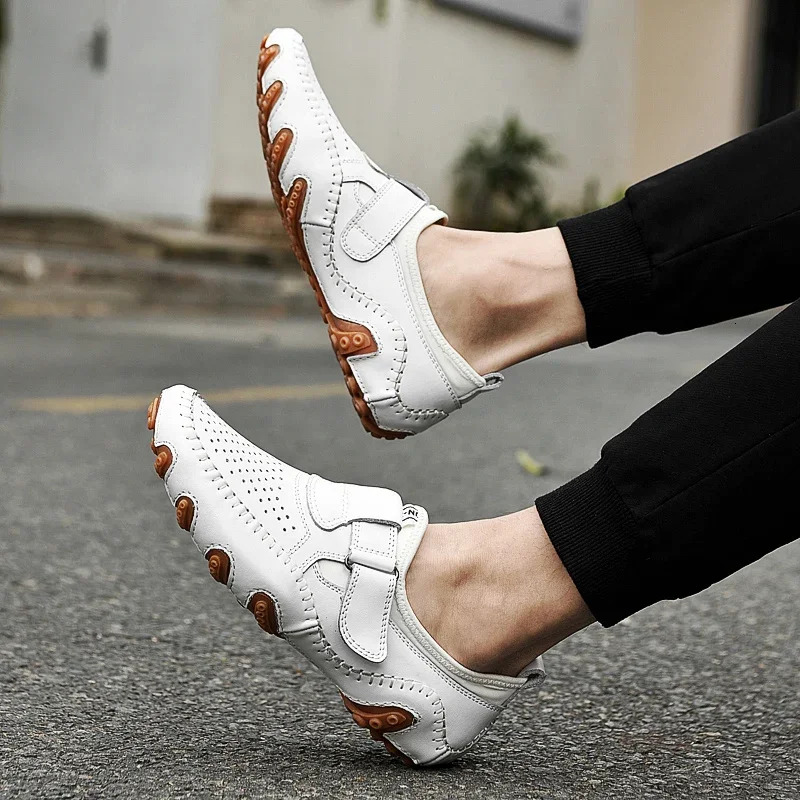 Genuine Leather Casual Italian Hollow Out Men Loafers Summer Breathable Driving Shoes Slip On Moccasins Atos Hombre