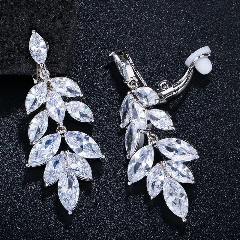 ThreeGraces Sparkling Marquise Cut CZ Crystal Bridal Wedding Long Drop Clip On Earrings for Women Non Pierced Ear Jewelry EJ0032 250103