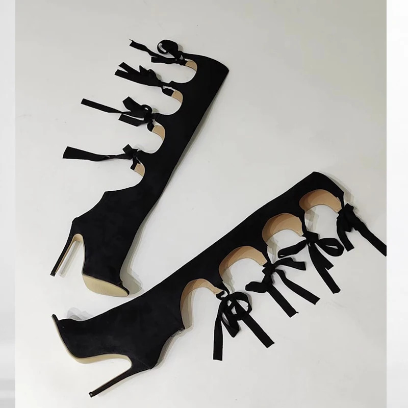 Eilyken Street Style Thin High Heels Women Knee-High Boots Designer Hollow Out Zipper Shoes Sexy Party Prom Atos De Muje