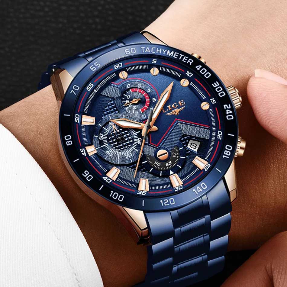 LIGE Mens Top Luxury Stainless Steel Blue Waterproof Quartz Mens Fashion Timing Mens Sports Military W250104