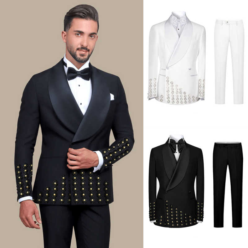 Customize Slim Fit Groom Tuxedos Designer New Fashion Two-Pieces Mens Suit Beaded One Button Customized Shawl Lapel Pockets Bridegroom Tailor Made Coa