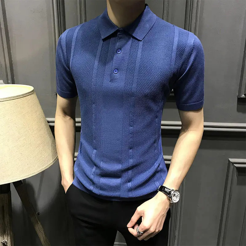 Business casual mens polo shirt summer solid collar button streetwear fashion office social long sleeved knitted T-shirt top 250103