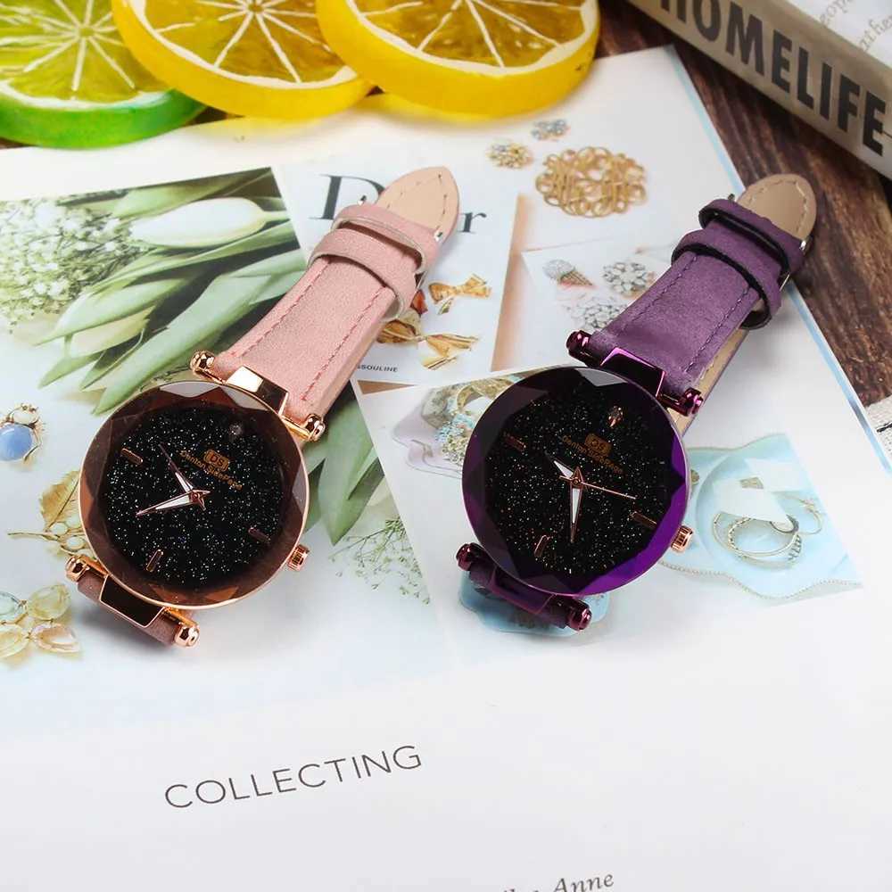Womens wristband fashionable leather strap simulated quartz circular wristband trend leather wristband blue glass strap W250104