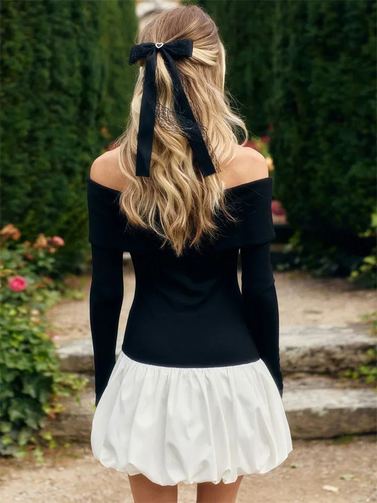 Tossy Knitwear Patchwork Slim Mini Dress Womens Off-Shoulder Long Sleeve Contrast Elegant Party Dress Female Backless Dress 250102