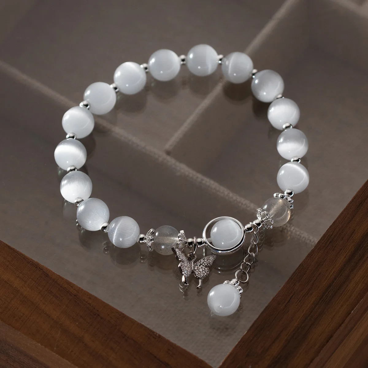 1 piece/batch S925 silver zircon butterfly with 8mm cat eye stone womens bracelet 14-23cm elastic rope beautiful opal jewelry wristband 250102