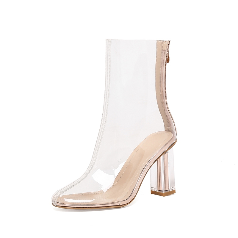 Women's New Spring/Summer Round Head Refreshing And Transparent Back Zipper High Heel Calf Short Cool Boots
