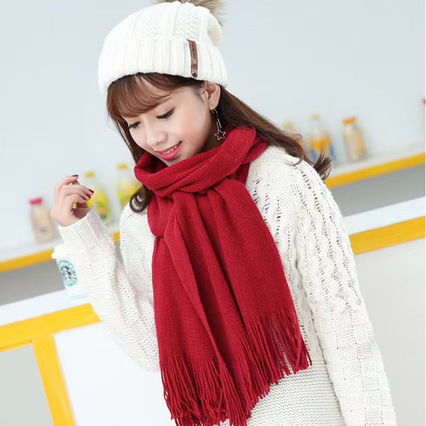 T061 Korean version wool knitted red tassel scarf female autumn and winter long couple student male white warm solid color neck scarf