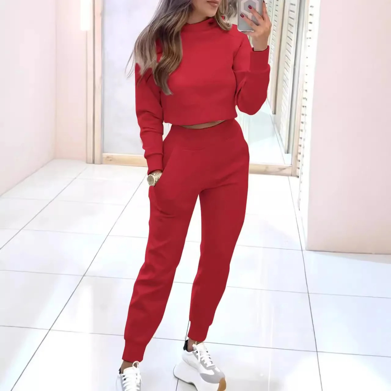 Fashion long sleeved half neck short top9-point pants 2-piece set elegant autumn solid color ultra-thin womens suit 241230