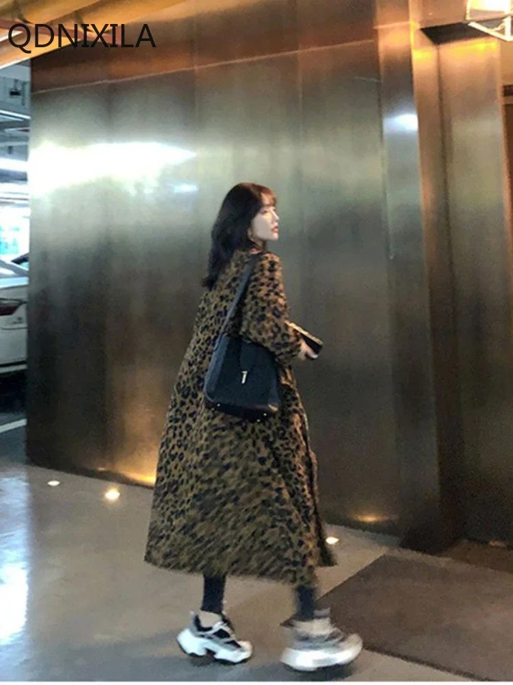 Leopard Print Trench Coat for Women Loose Tooling Jacket Medium and Long Korean Version Outerwears 2024 Autumn 241224