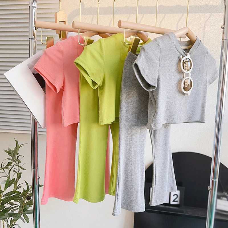 Two piece summer girls sweet fashion set childrens breathable casual clothing solid color Korean round neck setXJ250410