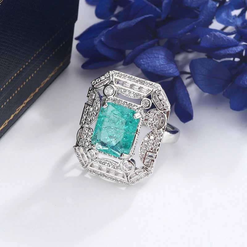S925 Silver Plated Premium Jewelry Light Luxury Emerald Square Diamond Ring Fashion Opening Adjustable Design Womens JewelryXJ250104