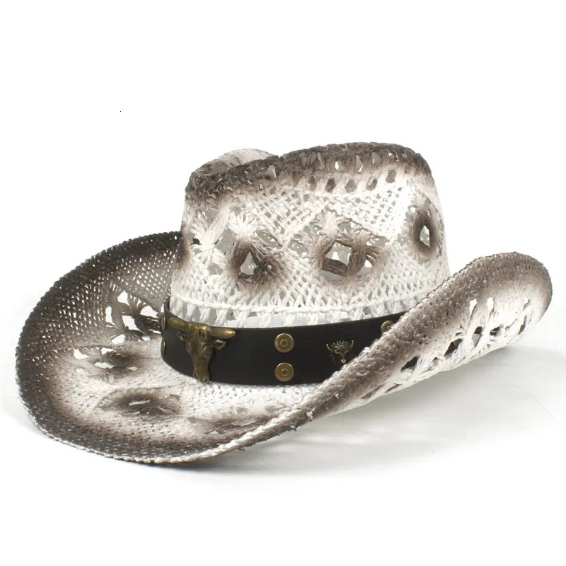 Women's Men's Straw Hollow Western Cowboy Hat For Dad Lady Handmade Western Word Cowgirl Jazz Sombrero Hat