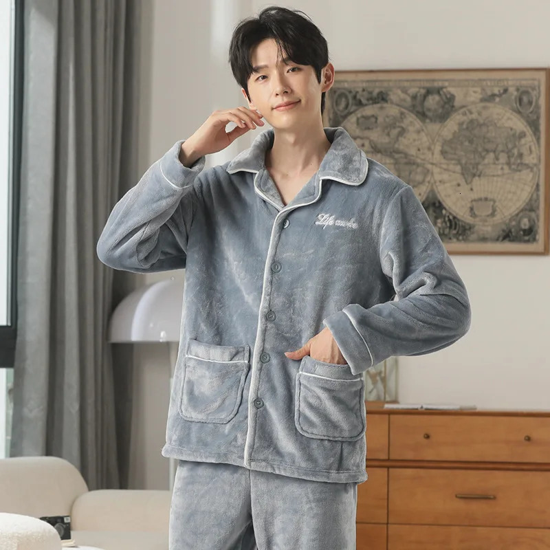 Fashion n Pajamas Set Men Autumn Winter Flannel Thermal Lapel Coral Fleece Loungewear Suit Male Comfortable Warm Homewear 250103