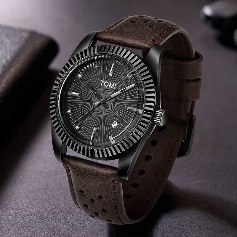 TOMI Mens Fashion Classic Mens and Womens Paradigm Trend Bus Calendar Brown Leather Quartz W250104