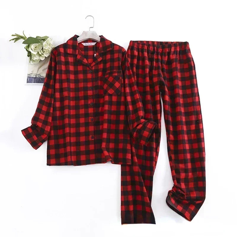 Cotton Flannel Womens Long Pants Pajamas Sets for Sleepwear Plaid n Loose Autumn and Winter Sleeve Trouser Suits 250103