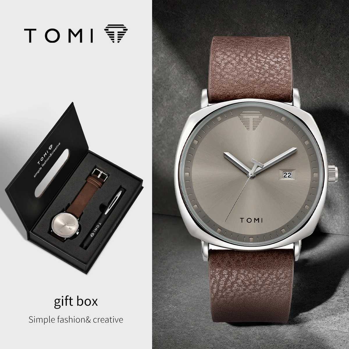 TOMI New 2PCS Luxury Business Mens Gift Box Set Simple Leisure Mens Calendar Quartz Pen Reloj Mens Holiday Gift W250104