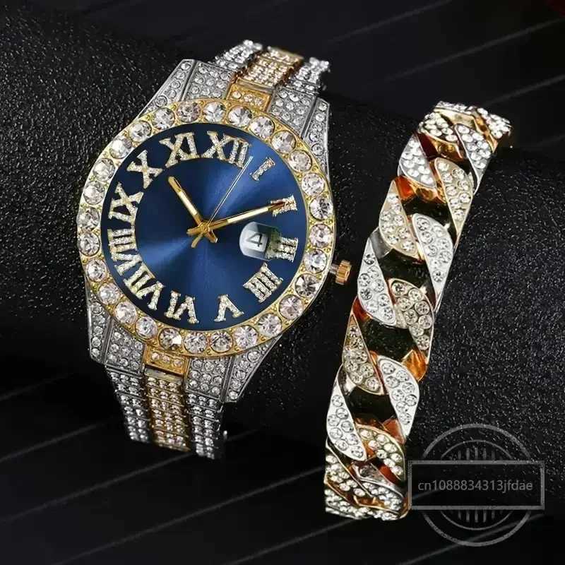 1/2 Hip Hop Stainl steel gold calendar bracelet suitable for men Rhinestone men on exterior walls Reloj Hombre W250104