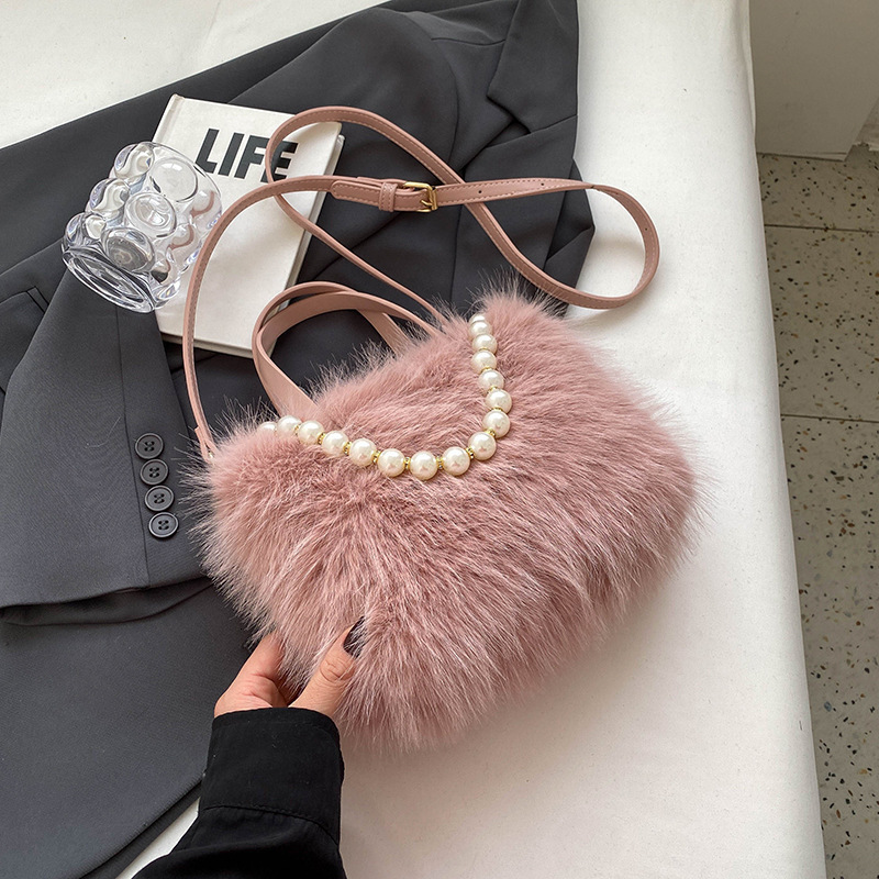 Handbag 2024 New Fashionable Pearl Hairy Small Square Winter Texture Women's Crossbody Bag