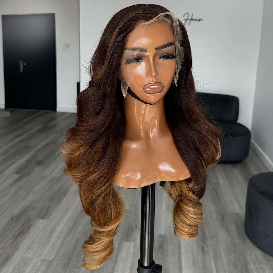 Free shipping 32 Inches Brazilian Ombre Brown High Quality 13x4 Frontal Human Hair Wig Body Wave HD Lace Wigs Synthetic on Sale