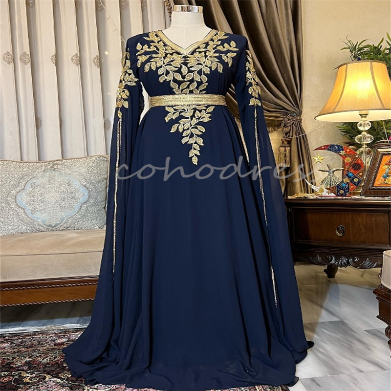 Exquiste Muslim Moroccan Evening Dress Luxury Long Sleeve Dubai Abaya Prom Dress Navy Formal Engagement Dress Birthday Party Vestio De Novias 2025 Rob
