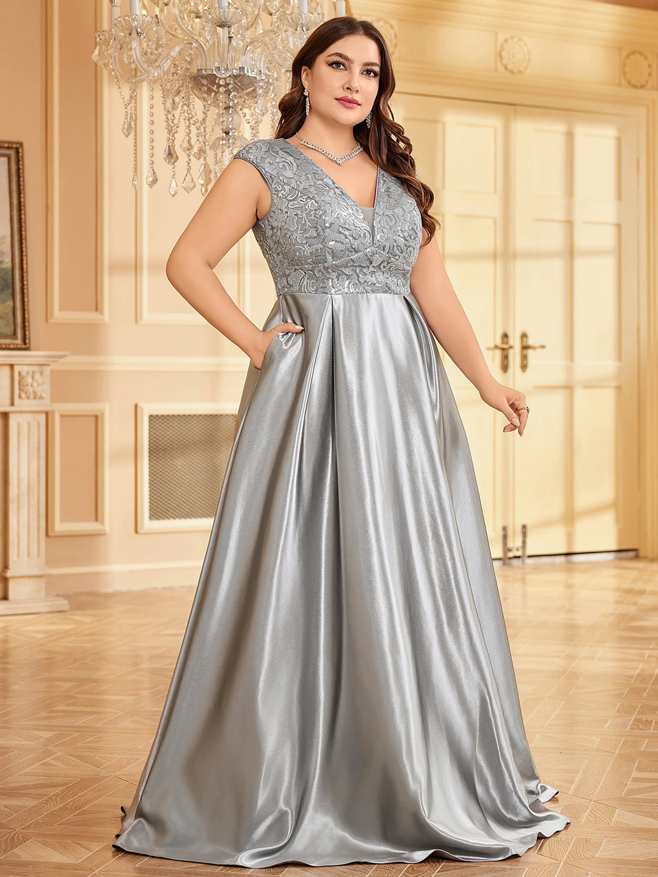 XUIBOL Gorgeous sequin patterned vest dress satin hem evening gown 250103