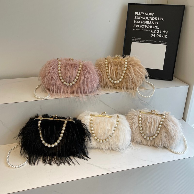 Plush women's pearl new best-selling high-end designer design autumn and winter fur bucket small bag small square bag wallet crossbody bag handba