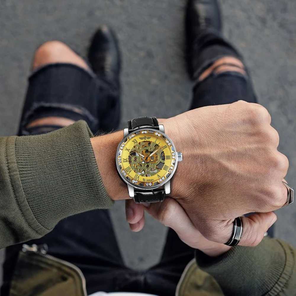 Fashion Top Brand Womens Luxury Mechanical Winner Diamond Skeleton Dial Leather Str Unisex Size Watch W250104