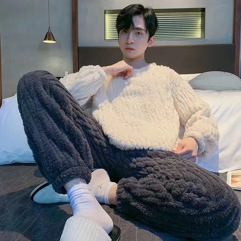 Thickened Warm Flannel Men Pajamas Round Neck Autumn and Winter Young Large Size Homewear Solid Striped Sleepwear Loungewear 250103