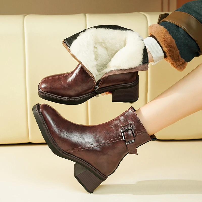 AIYUQI Women Ankle Boots Square Toe Genuine Leather Vintage Women Ankle Boots British Style High Heel Booties Women