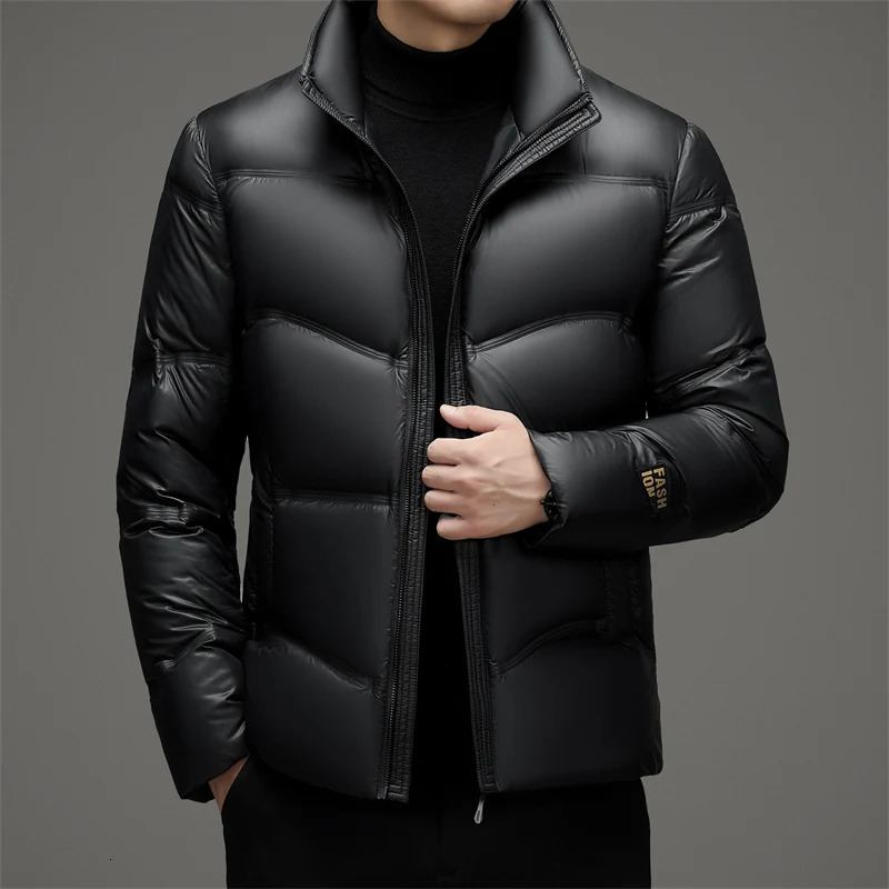 Winter Mens Bright Black Gold Duck Down Jacket with Thickened and Warm Duck Down Content of 90% 250102