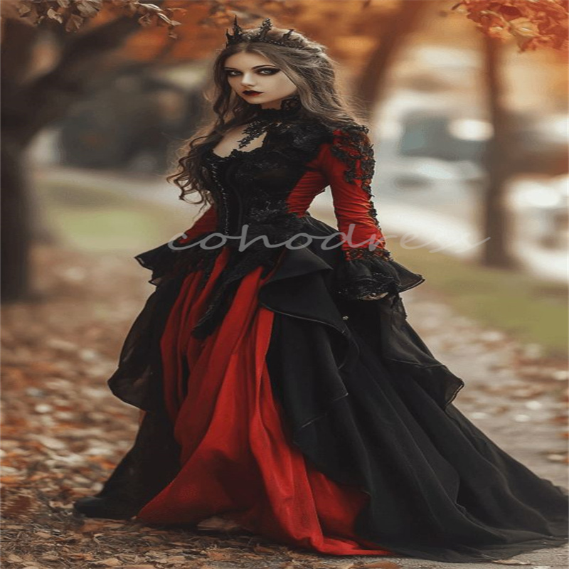 Aesthetic Victorian Black And Red Prom Dress Gothic Medieval Renaissance Long Sleeve Evening Dress French Duchess Renaissance Vestio De Novia 2025 His