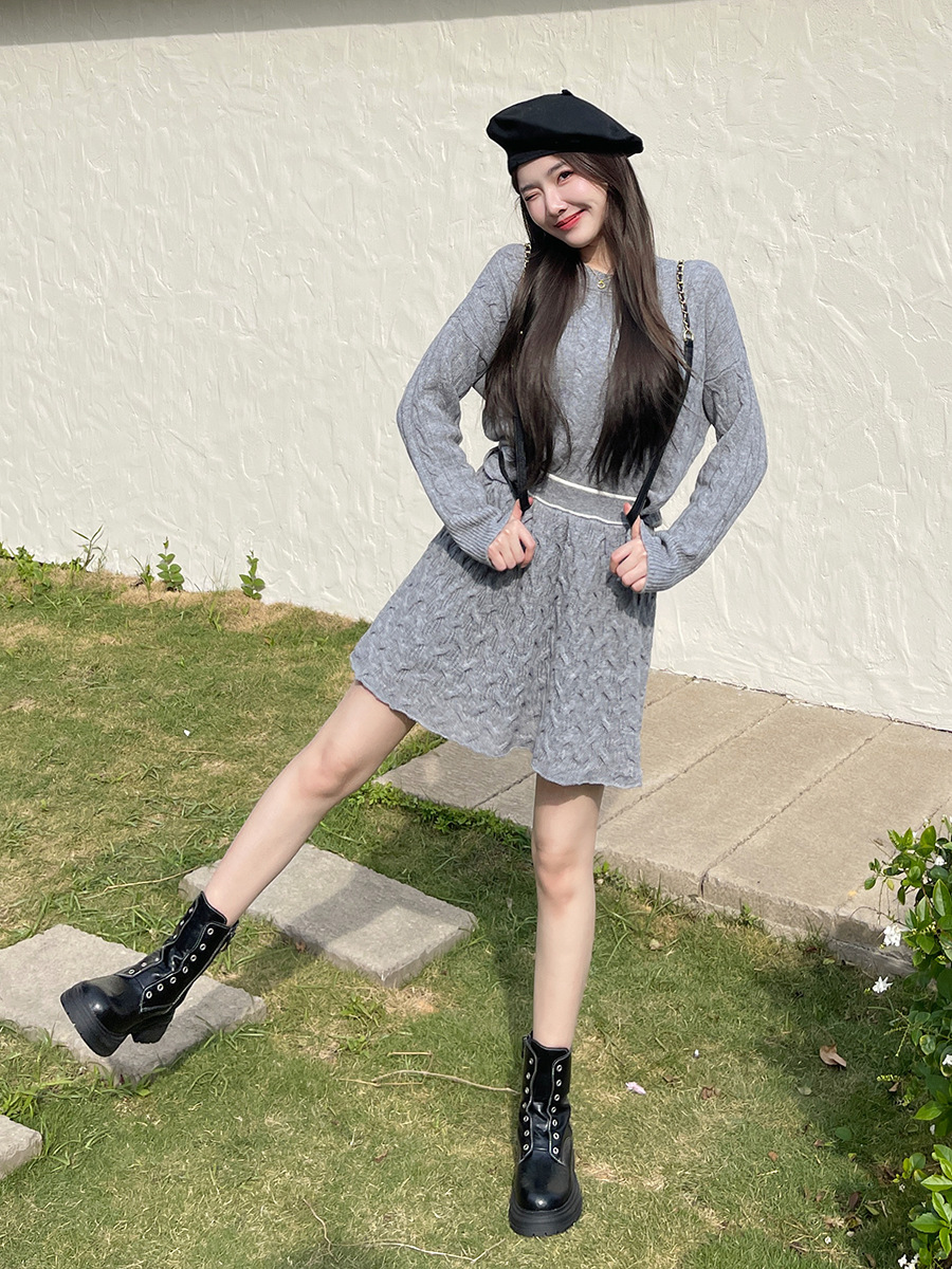 CL16655 Girls Cable Series Loose Sweater Jacket Women's Autumn High-end Knitted Sweater Short Skirt Set