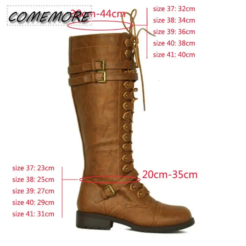 Women Knee High Boots Autumn Winter Lace Up Flat Shoes Sexy Steampunk PU Retro Buckle Woman Footwear Ladies Snow Boots Platform 250103