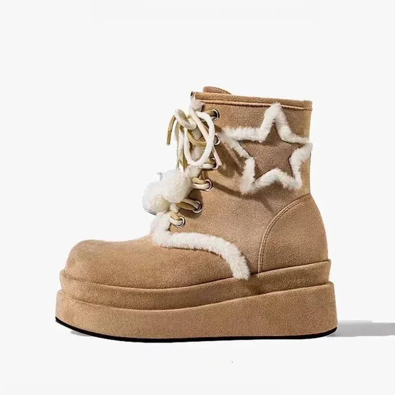 Shoes for Women 2024 High Quality Lace Up Womens Boots Winter Round Toe Plush Fleece for Warmth Middle Barrel Fashion Boots 250103