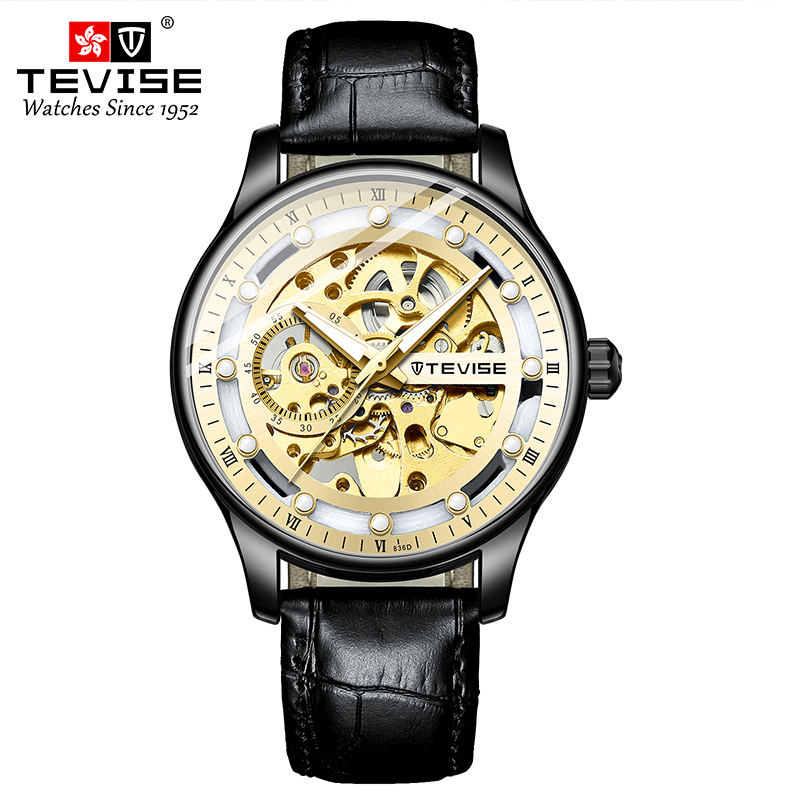 TEVISE New Style Mechanical Watch Hollow-out Design, Mens Leather Strap Fashionable Waterproof Men's Mechanical Watch T027- T836D