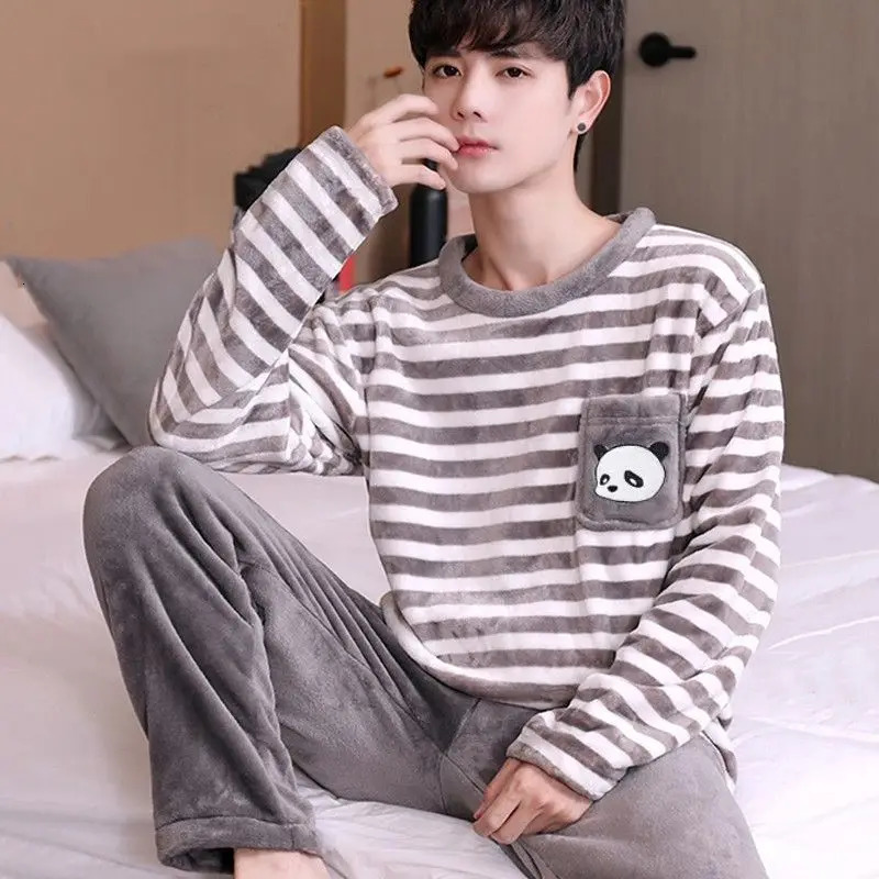Cartoon Winter Pyjamas Sets Gent Long Sleeve Fashion Casual Sleepwear Round Neck Nightwear Suit Pajamas for Men 250103