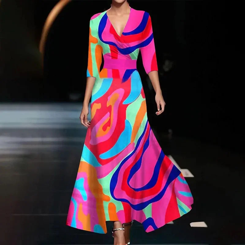 Retro dress for women sexy spring V-neck printed hem Bohemian Maxi dress elegant and fashionable half sleeved waist pleated party dress 241230