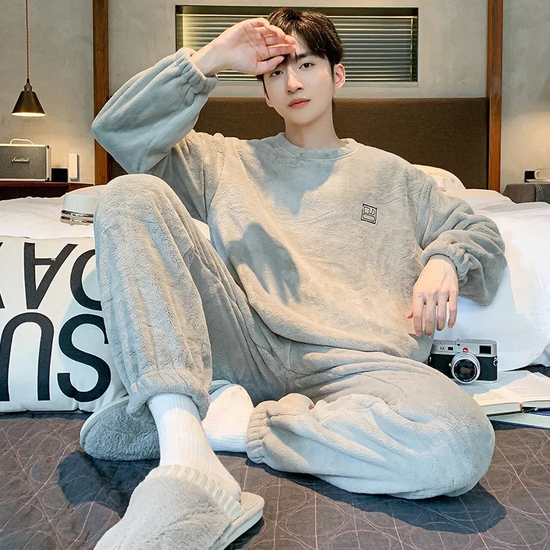 Soft Coral Fleece Pajamas Suit Men Winter Thickened Warm Flannel Homewear Male Autumn Fashion Thermal Loungewear Gents 250103