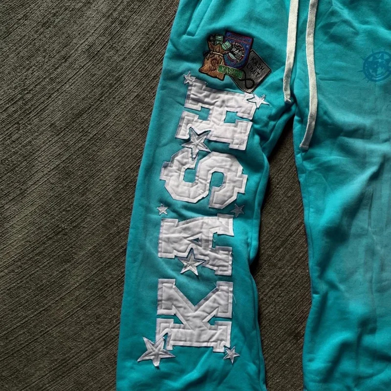 Y2K pocket printed sports pants with retro pattern patches cotton street wear double waist high waist pants mens fitness and casual pants 250103