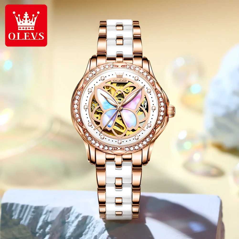 OLEVS 6615 Womens Automatic Mechanical Watch Elegant Luxury Diamond Skeleton Butterfly Dial Womens Set W250104