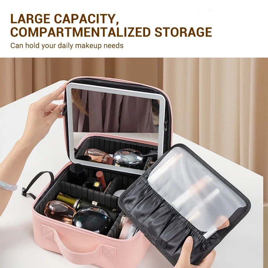 LED Lighted Travel Makeup Bag with Mirror Portable Waterproof Makeup Organizer Cosmetic Case Birthday Gift for Girls Women 250103