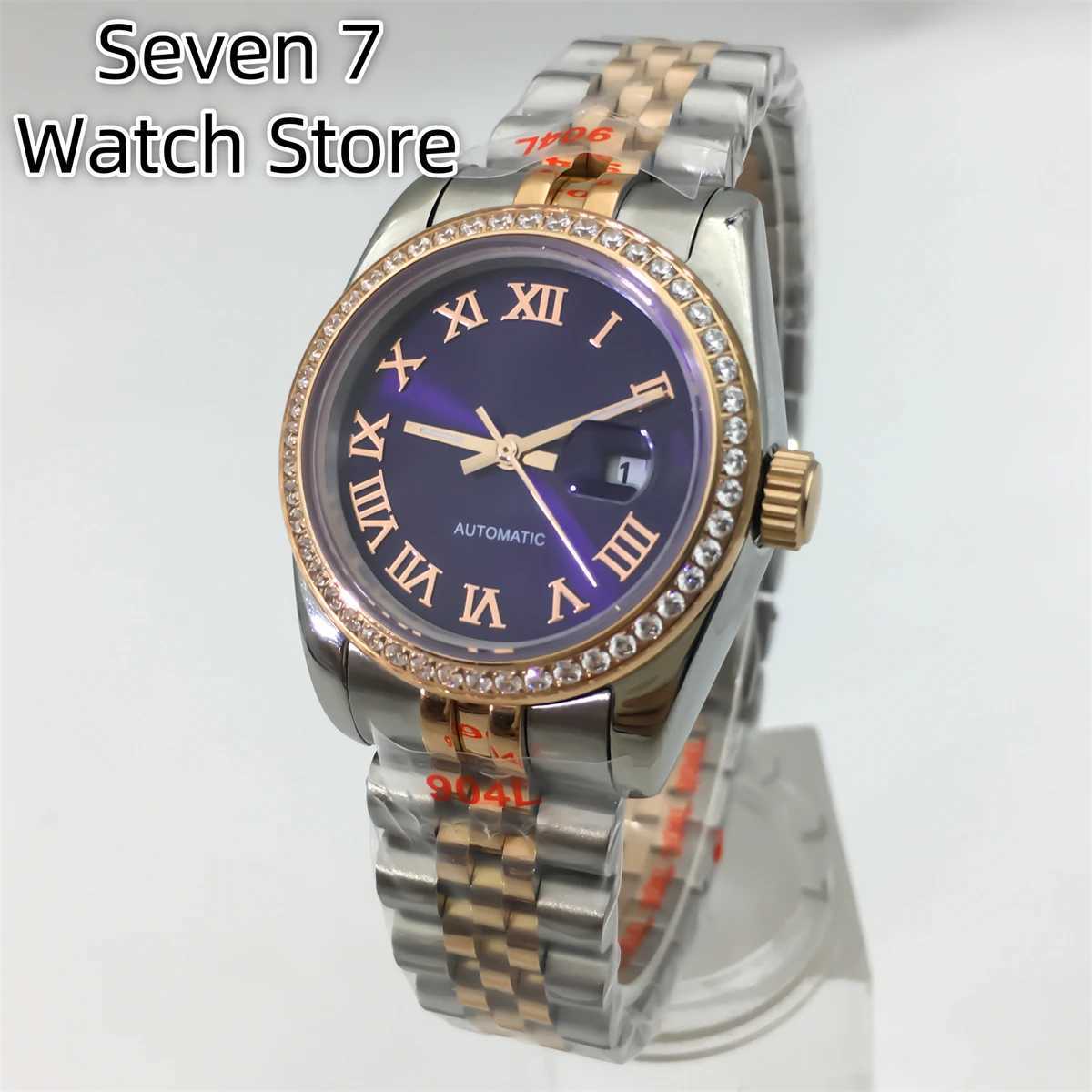 BLIGER 31mm NH05 Womens Automatic Sunburst White Mother Pearl Dial Shining Diamond Side Steel Stainless Steel Bracelet W250104