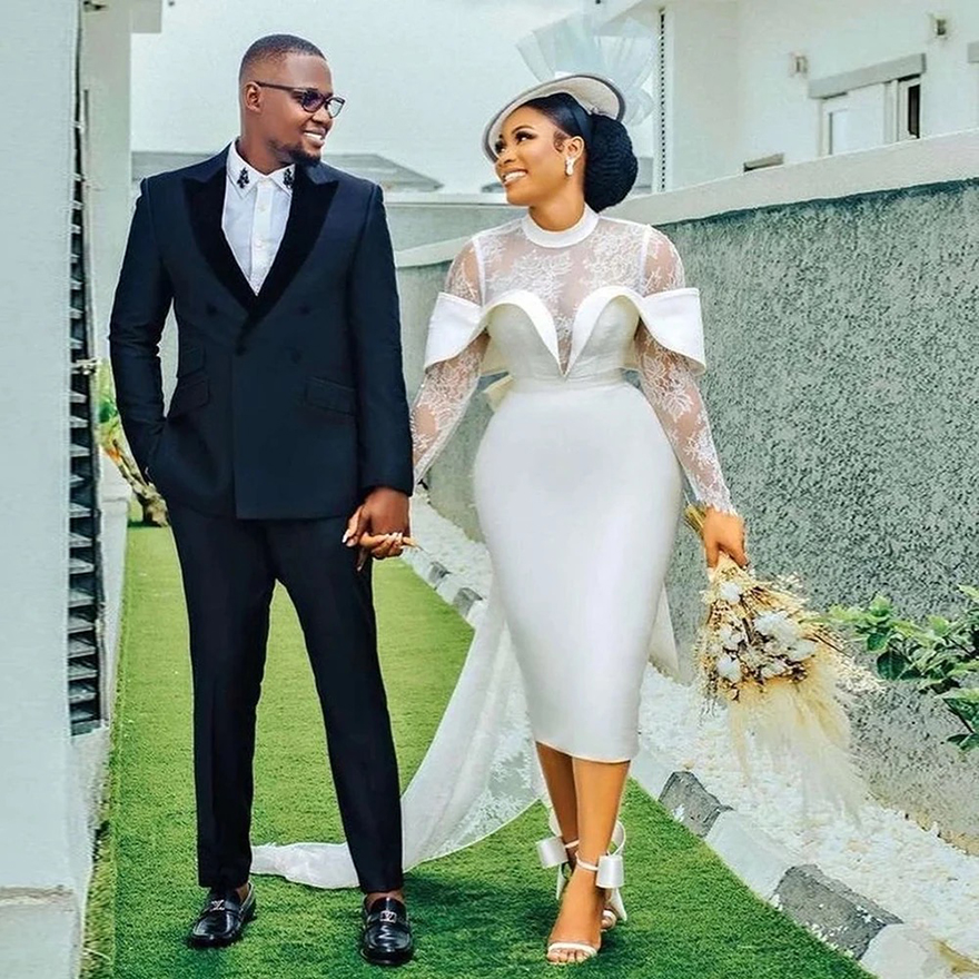 Modern Lace Wedding Dress Sheath HIgh Collar Long Sleeves Short Wedding Gown Backless Lace Up Tea Length Elegant Marriage Dress