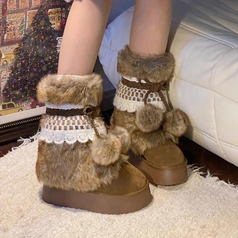 Faux Fur Women Winter Snow Fluffy Fuzzy Warm Cozy Waterproof Platform Lace-up Mid-Calf Ski Boots 2024 250103