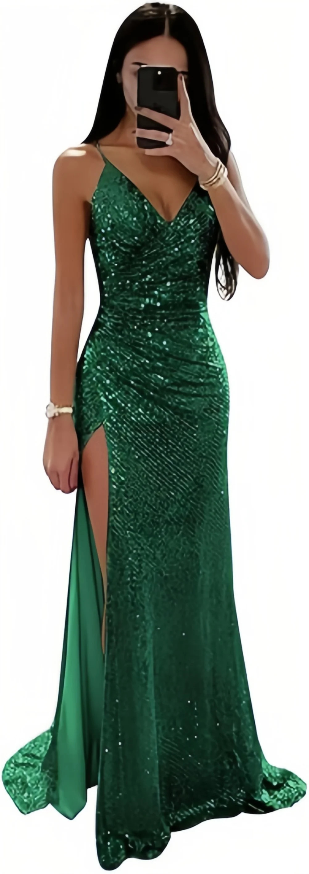 TSxuelian Womens Sparkling V-neck Mermaid Ball Dress Long spaghetti Strap Tight corset Formal Evening Dress High Seam Party Dress 250103