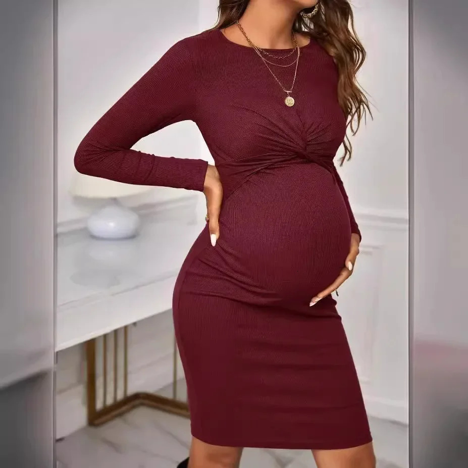 American Fashion Round Neck Long Sleeve Knitted Maternity Dress Tight Fitting Solid Color Short Pregnant Women Outfit Pregnancy 250103