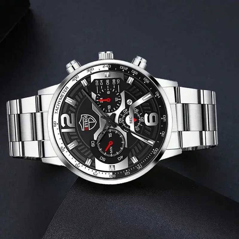 5-piece DEYROS Fashion Mens Calendar Mens Busin Stainless Steel Quartz Wrist Mens Casual Necklace Bracelet W250104