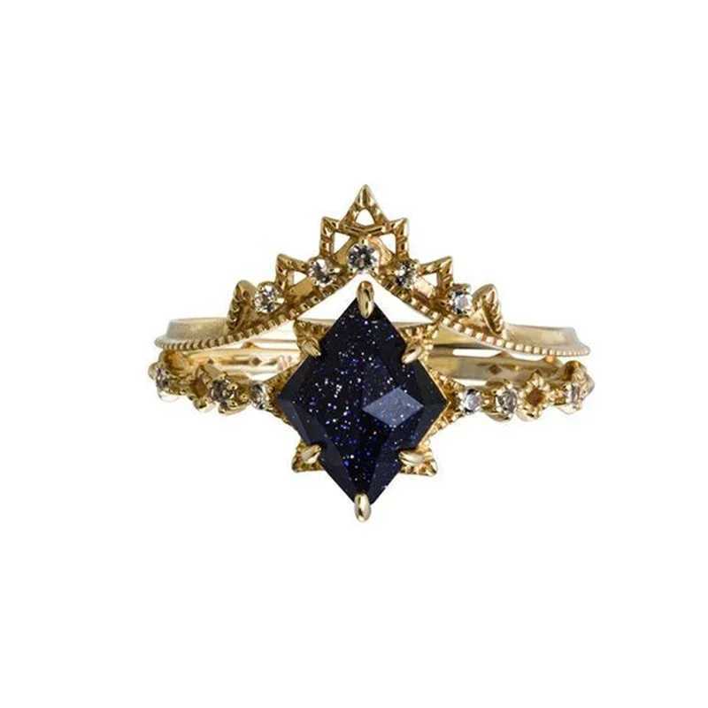 Original New Vintage Court Style Lace Blue Crystal Micro Setting Diamond Stacking Ring Gold Plated Luxury Ladies JewelryXJ250104