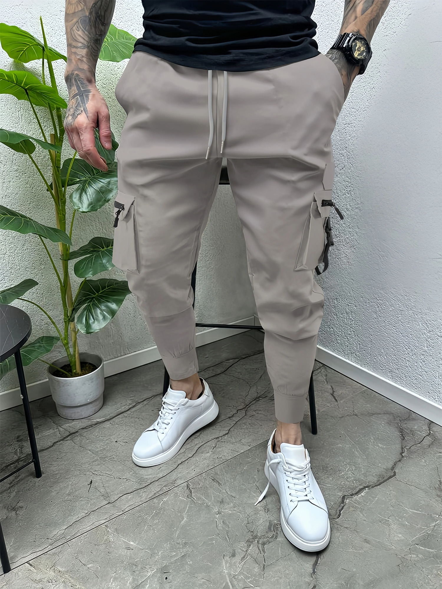 Mens zip-up buckle multi-pocket cargo pants 250102