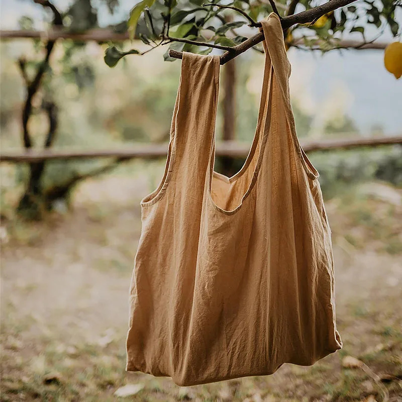Retro Linen Shopping Bags Women Reusable Sundries Bags Foldable Large Handbags Female Travel Beach Shoulder Bags 250102